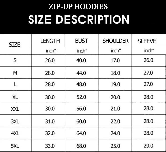 Zip Up Hoodie sizechart 2022