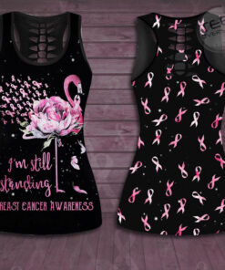 Im Still Standing Flamingo Flower Breast Cancer Awareness 3D Hollow Tank Top Leggings 01