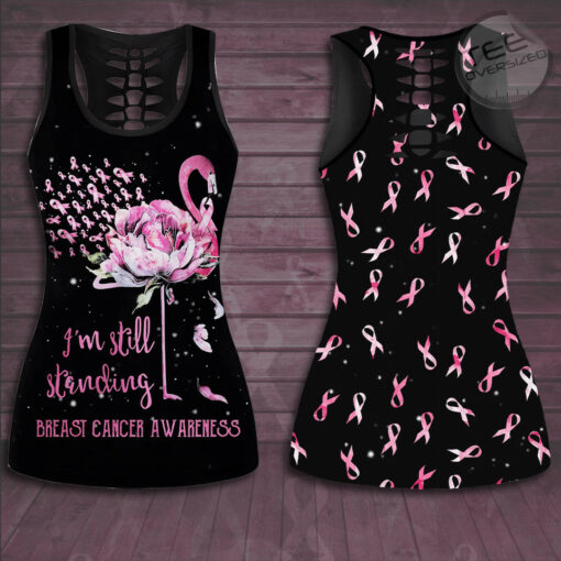 Im Still Standing Flamingo Flower Breast Cancer Awareness 3D Hollow Tank Top Leggings 01