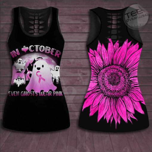 In October Even Ghost Wear Pink Breast Cancer Awareness 3D Hollow Tank Top Leggings 01