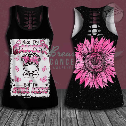 Nice Try Cancer But Im Still Here Breast Cancer Awareness 3D Hollow Tank Top Leggings 01