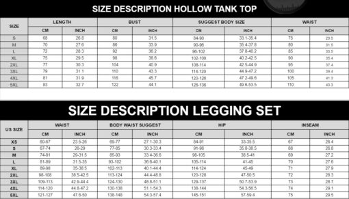 Size chart Hollow Tank Top Leggings