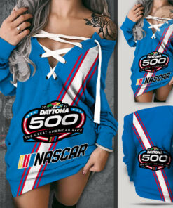 Daytona 500 Off Shoulder Deep V Neck Lace Up Long Sleeve Pullover Blue