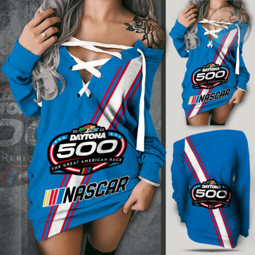 Daytona 500 Off Shoulder Deep V Neck Lace Up Long Sleeve Pullover Blue