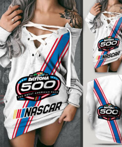 Daytona 500 Off Shoulder Deep V Neck Lace Up Long Sleeve Pullover White