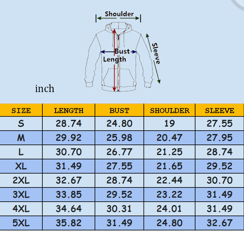 Zip-Hoodie size chart