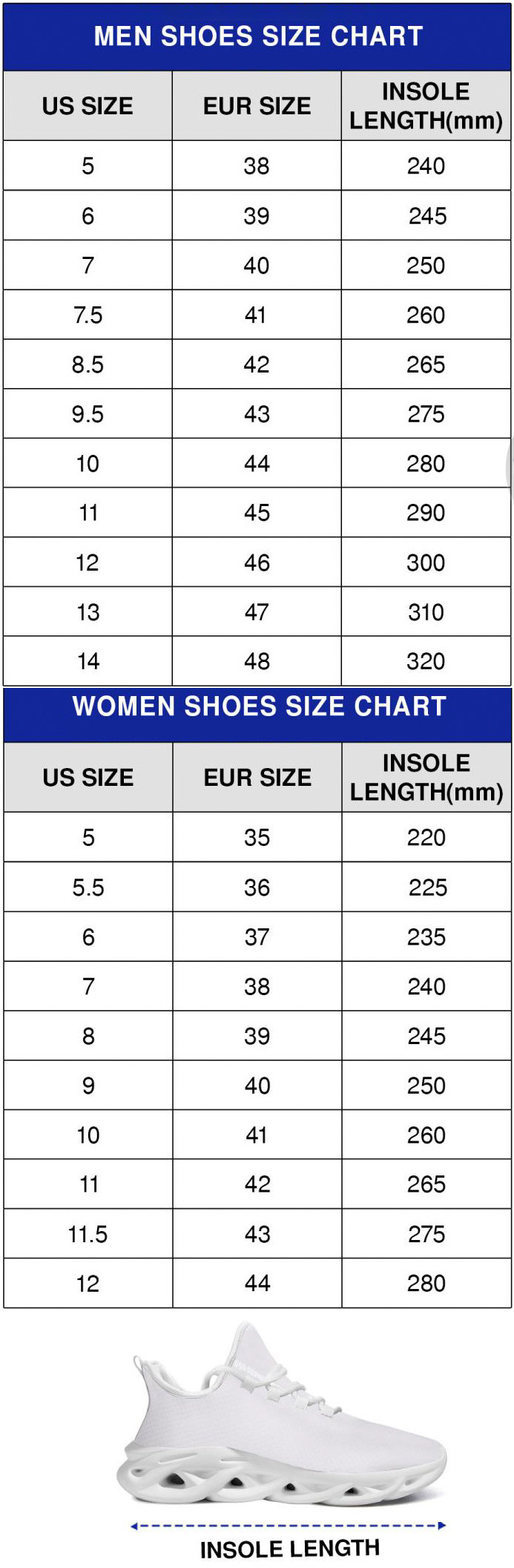 sneaker size chart