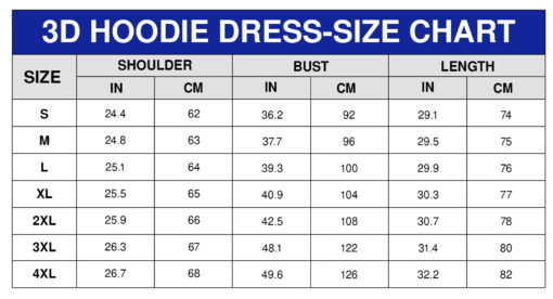 Fleece Hoodie Dress Sizechart