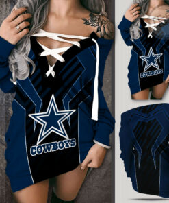 Dallas Cowboys Shoulder Deep V Neck Lace Up Long Sleeve Pullover