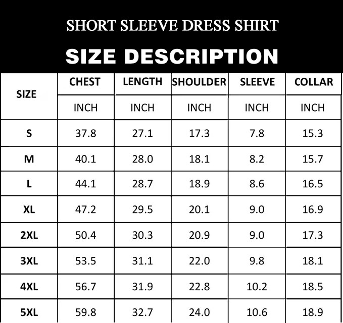 Short Sleeve Dress Shirt sizechart 2021