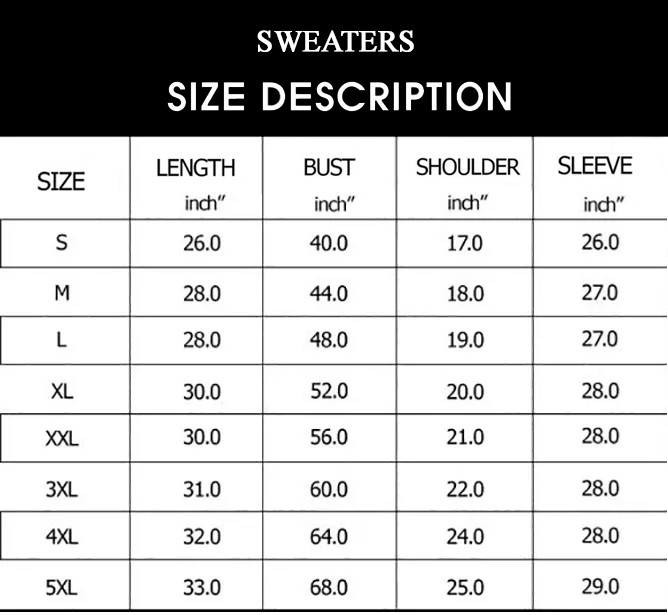 Sweaters sizechart 2022