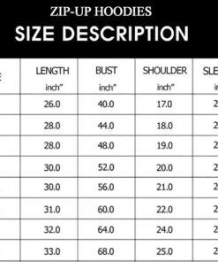 Zip Up Hoodie sizechart 2022