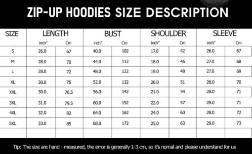 Zip up Hoodies Sizechart new