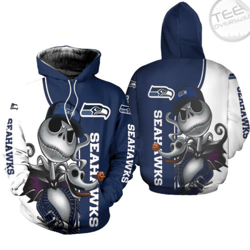 seattle seahawks jack skellington and zero 3d hoodie